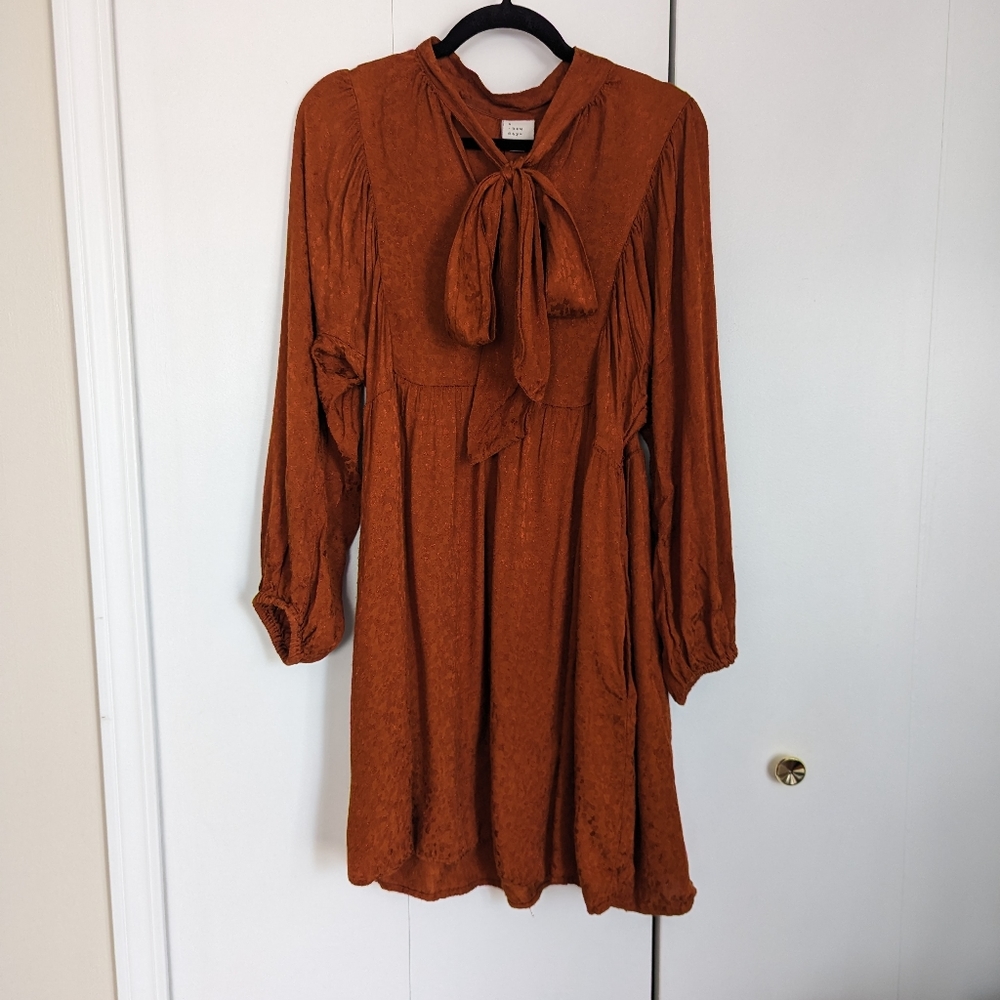 Burnt Orange Long-Sleeve, Front Tie Dress, Size L
